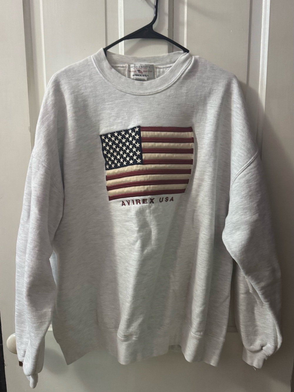 Avirex Light Gray Crewneck Sweatshirt with Red, Blue and White Flag Patch